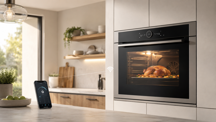 smart wall oven with roast chicken inside connected to a smartphone app via wi-fi