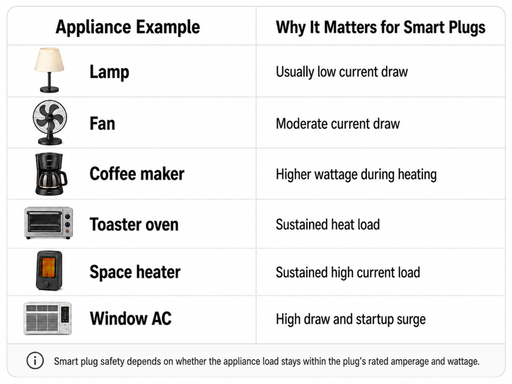 table showing common household appliances and why their current draw matters for smart plug safety, from low-draw lamps to high-draw window ac units
