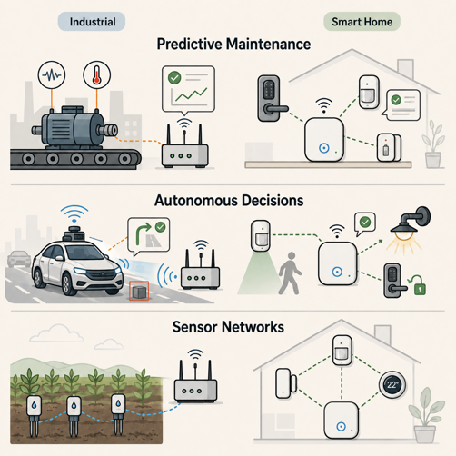 three diagrams comparing industrial and smart home edge computing use cases - predictive maintenance, autonomous decisions and sensor networks