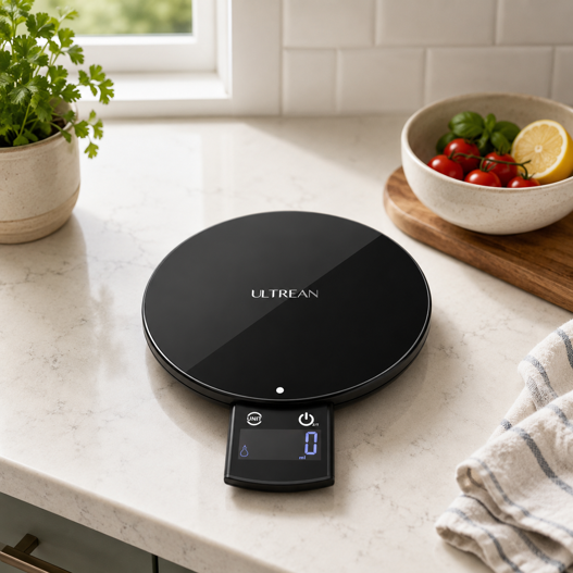 ultrean ring stars smart food scale with circular black platform and digital display on counter