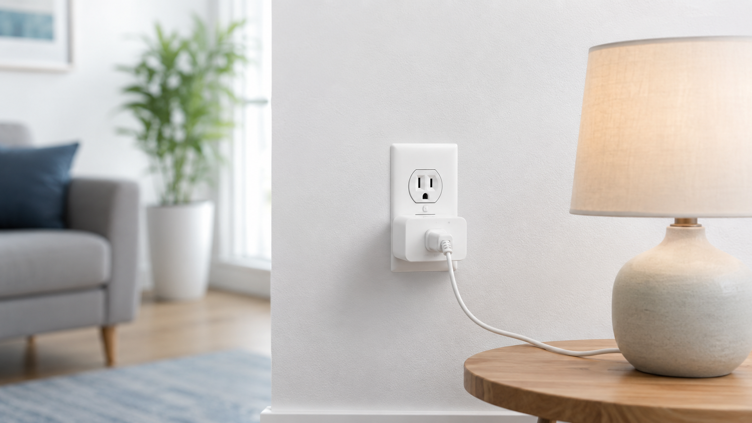 white smart plug installed in a wall outlet with a lamp plugged in