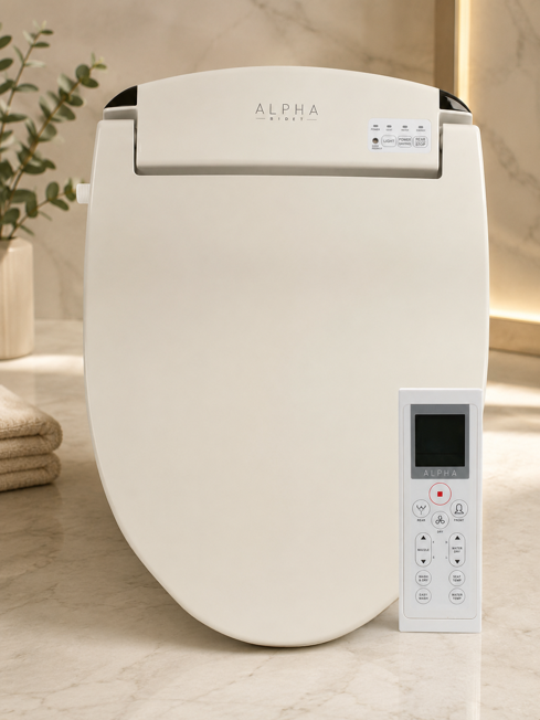alpha bidet jx2 bidet seat with wireless remote control showing display screen and function buttons