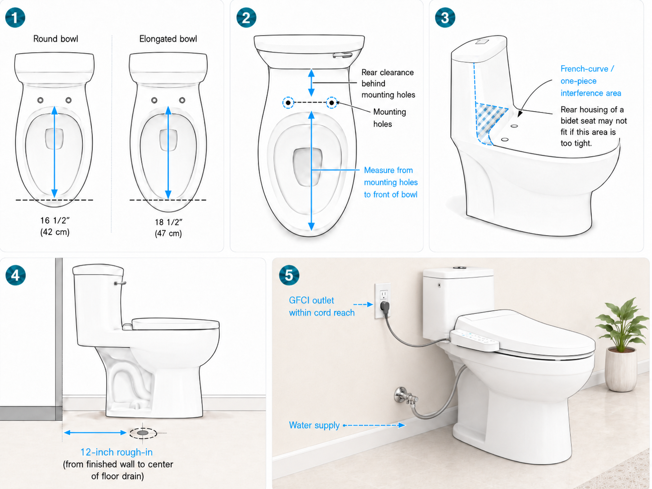 bidet seat compatibility guide showing bowl shapes, mounting hole clearance, french-curve fit issues, rough-in measurement and gfci outlet requirement