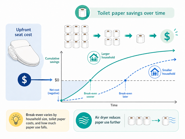 bidet seat toilet paper savings chart comparing break-even timelines for larger and smaller households