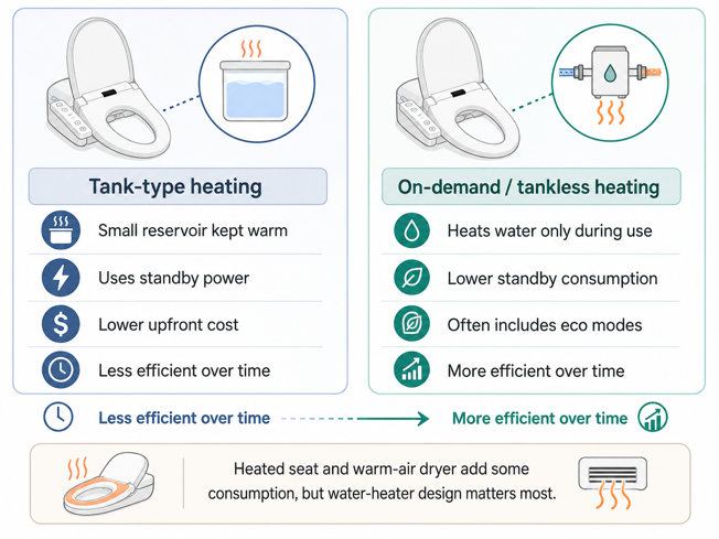 bidet seat water heating comparison showing tank-type versus on-demand tankless heating and their effect on energy efficiency
