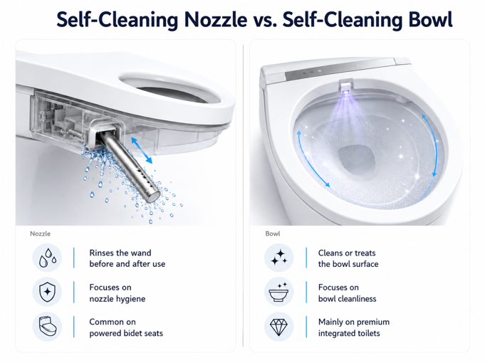 comparison showing self-cleaning bidet nozzle rinsing before and after use versus self-cleaning bowl treatment on a premium integrated smart toilet