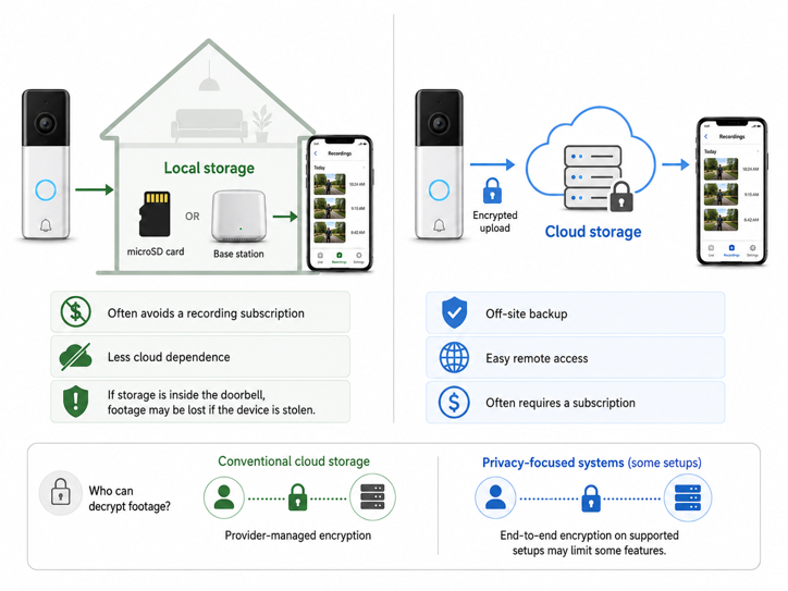 diagram comparing local storage (microsd card or base station) and cloud storage for doorbell camera footage, including who can decrypt recordings