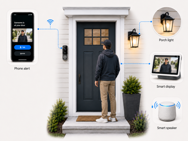 diagram showing a doorbell camera connecting to a phone alert, porch light, smart display and smart speaker