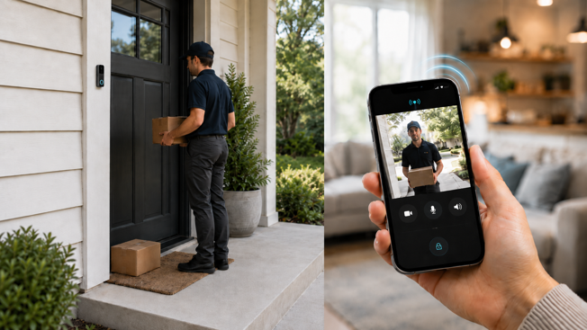 doorbell camera live view showing a delivery driver at the front door