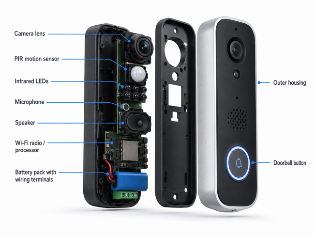 exploded diagram of a doorbell camera showing the camera lens, pir motion sensor, infrared leds, microphone, speaker, wi-fi radio, processor and battery pack with wiring terminals