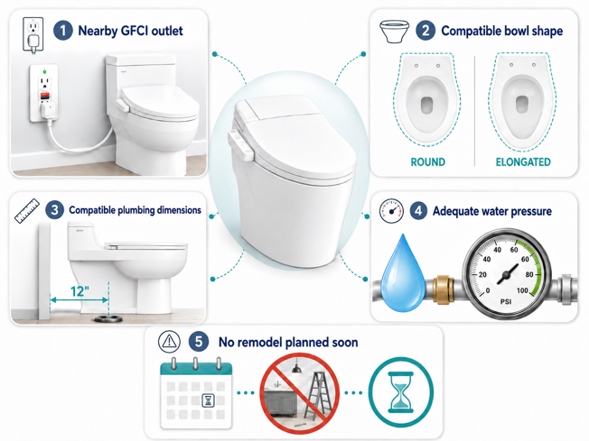 five things to check before buying a smart toilet - gfci outlet, bowl shape, plumbing dimensions, water pressure and remodel timing