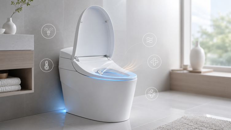 integrated smart toilet with open lid showing bidet nozzle water stream and feature icons in a modern bathroom
