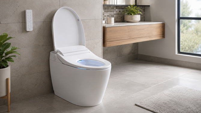 integrated smart toilet with open lid showing night light glow and wall-docked remote control in a modern bathroom