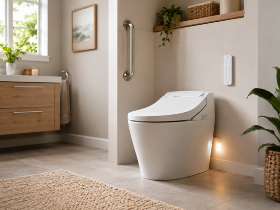 integrated smart toilet with wall-mounted remote control and grab bar in a modern accessible bathroom