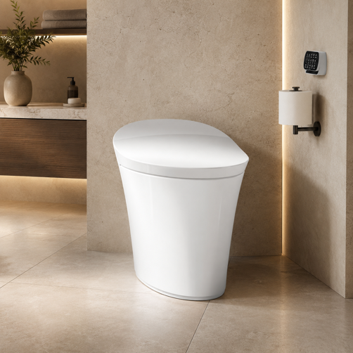 kohler veil integrated smart toilet with wall-mounted remote control in a luxury bathroom