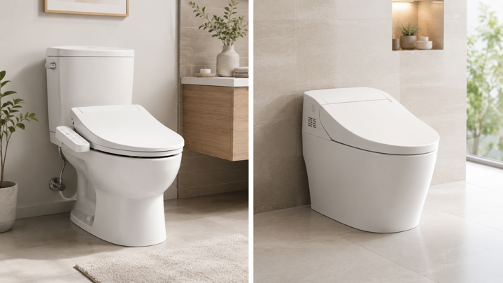 powered bidet seat and integrated smart toilet side by side in modern bathrooms