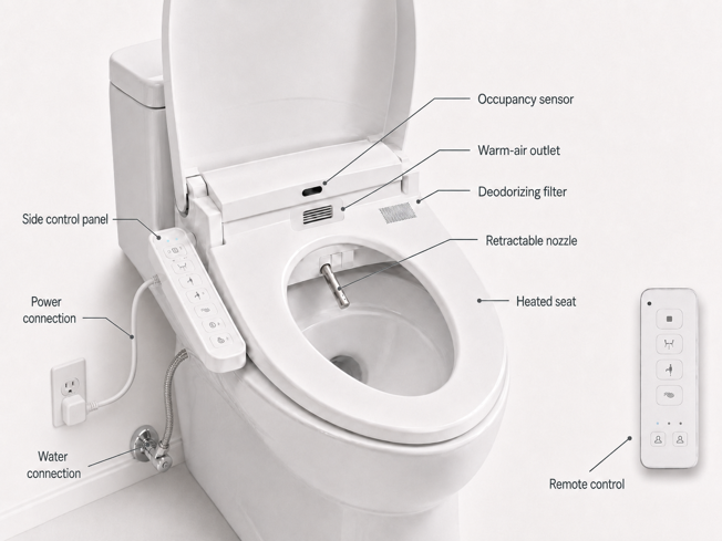 powered bidet seat diagram showing retractable nozzle, heated seat, warm-air outlet, deodorizing filter, occupancy sensor and controls