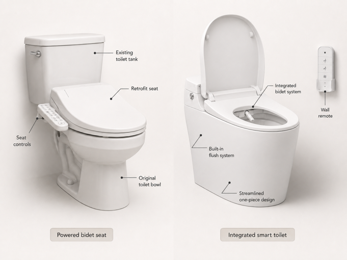 powered bidet seat retrofitted on existing toilet compared to integrated smart toilet with built-in flush system and wall remote