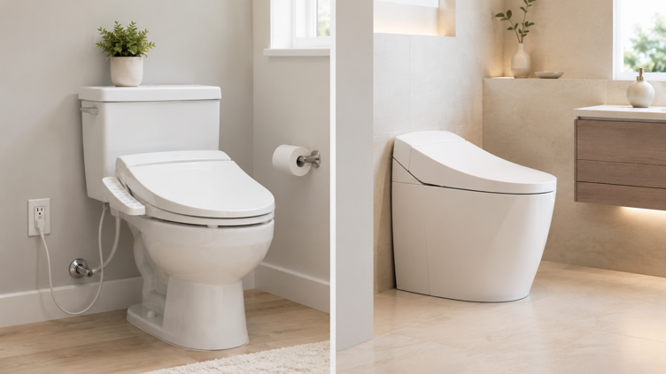 powered bidet seat with outlet and water connection shown alongside a tankless integrated smart toilet