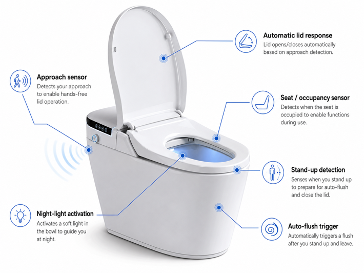 smart toilet sensor diagram showing approach sensor, seat occupancy sensor, stand-up detection, auto-flush trigger, automatic lid response and night light activation