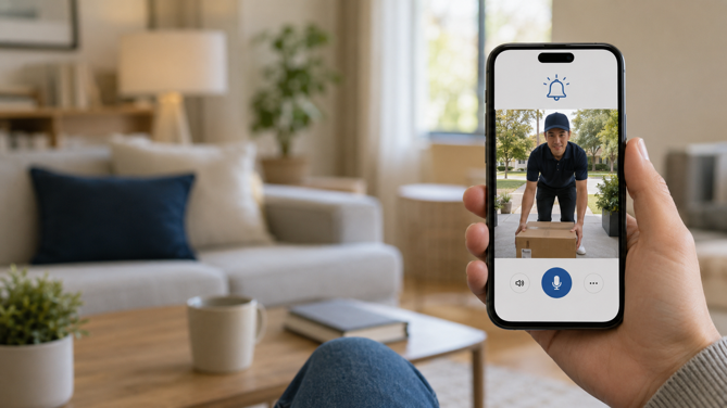 smartphone showing a doorbell camera motion alert with live video of a delivery arriving