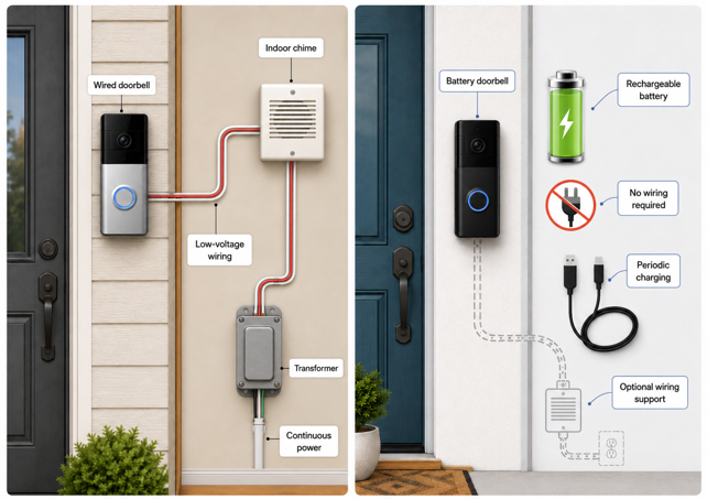 split image comparing a wired doorbell camera's chime and transformer wiring to a battery-powered doorbell camera's rechargeable battery and optional wiring support