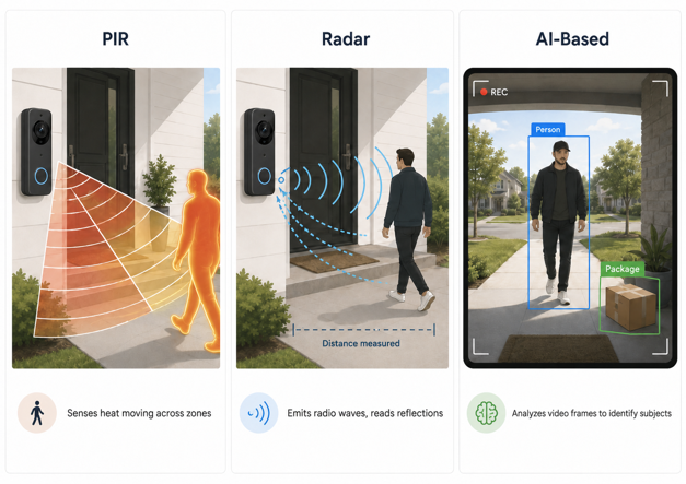 three-panel diagram comparing pir, radar, and ai-based motion detection for doorbell cameras