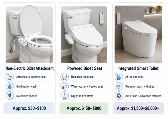 three toilet upgrade options compared - non-electric bidet attachment, powered bidet seat and integrated smart toilet