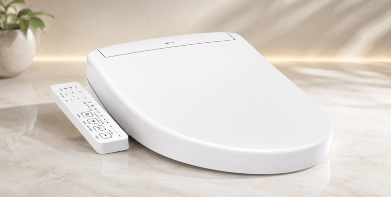 toto washlet s2 bidet seat with side-mounted control panel on marble surface