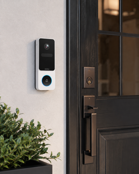 aosu video doorbell mounted beside a black front door