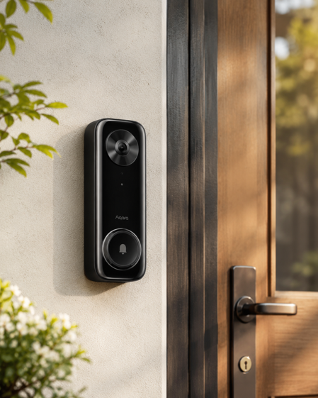 aqara doorbell camera mounted on a wall beside a wooden front door