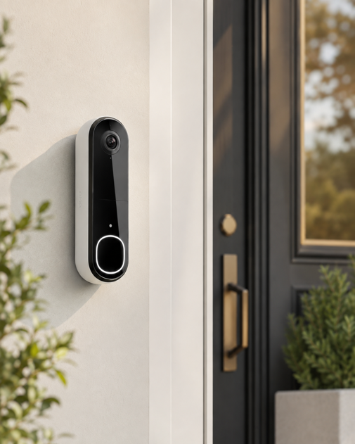 arlo video doorbell mounted on a wall beside a black front door