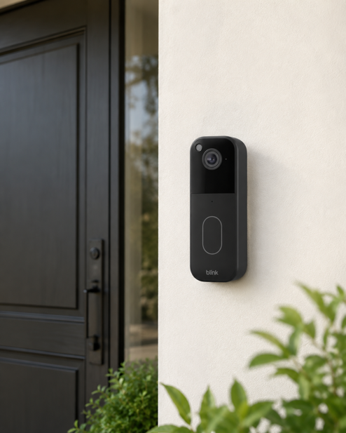 blink video doorbell mounted on a wall beside a front door