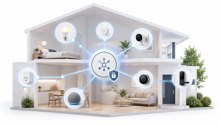 cutaway smart home showing multiple devices connected to a central matter hub