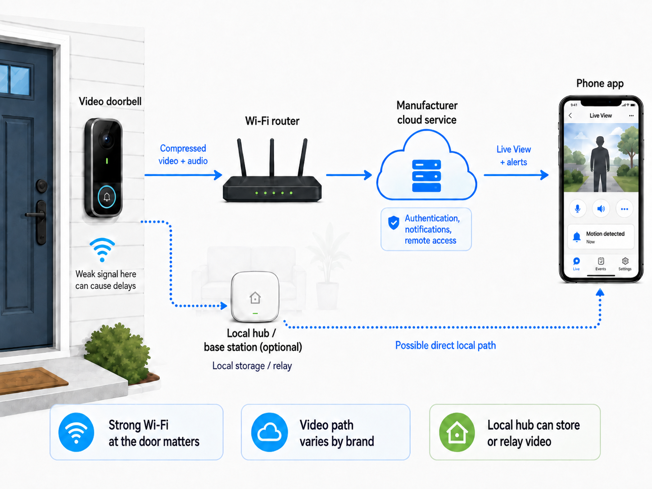 diagram showing video path from doorbell camera through wi-fi router and manufacturer cloud service to a phone app, with an optional local hub