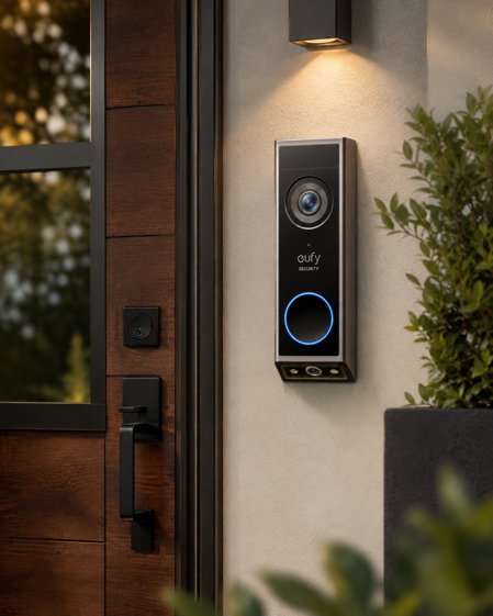 eufy security video doorbell mounted beside a wooden front door at dusk