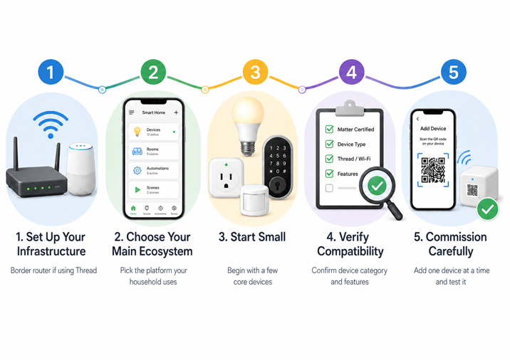five steps to set up a matter smart home - infrastructure, ecosystem, starter devices, compatibility check, commissioning