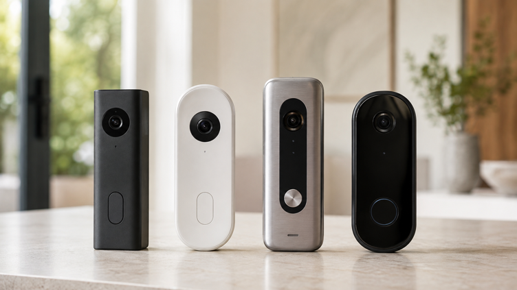 four video doorbells in different shapes and finishes displayed side by side on a table