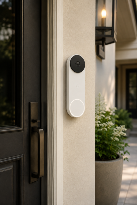 google nest video doorbell mounted beside a front door with a plant and porch light nearby
