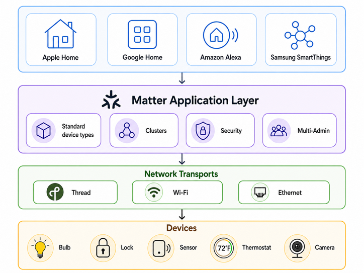 matter architecture diagram - ecosystems, application layer, network transports, and devices