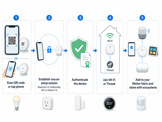 matter device commissioning steps - scan or tap to pair, secure session, authenticate, join network, add to ecosystems