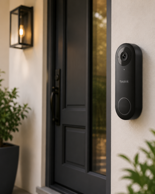 reolink video doorbell mounted on a wall beside a black front door