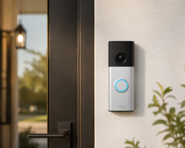 ring video doorbell mounted on a stucco wall beside a front door