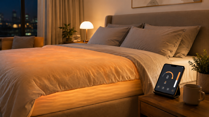 smart heated mattress pad glowing under bedding with tablet app control on nightstand
