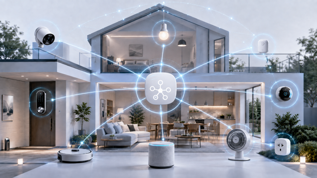 smart home devices connected through a central hub, representing interoperable protocols like matter