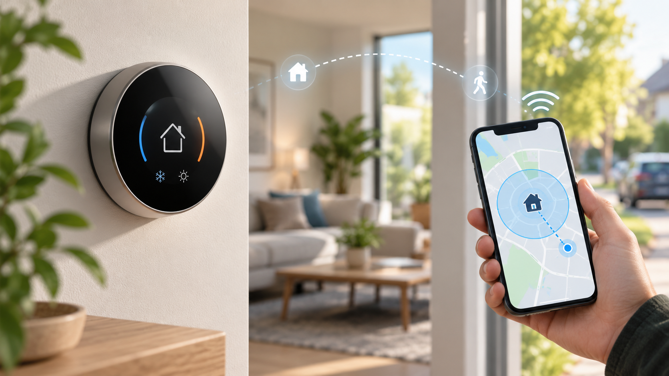 smart thermostat and phone showing a geofence boundary around a home