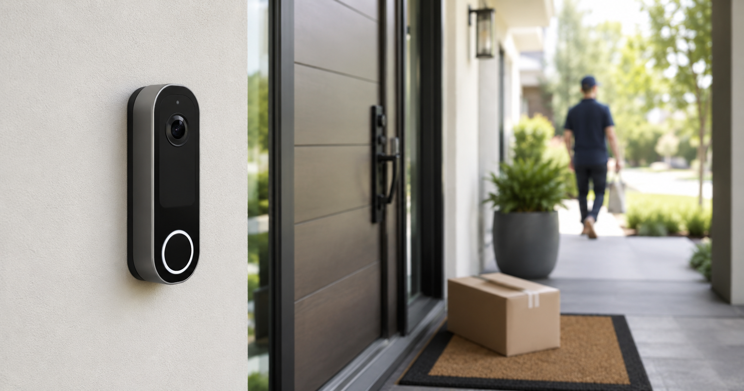 video doorbell mounted beside a front door with a delivery package left on the porch