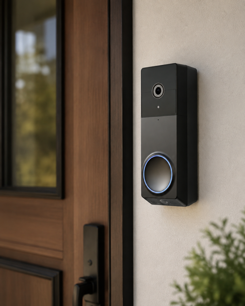 wyze video doorbell mounted beside a wooden front door