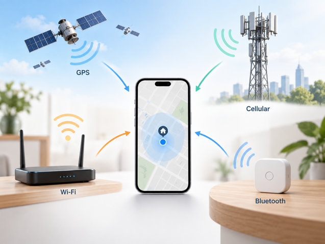 gps, wifi, cellular and bluetooth signals converging on a smartphone