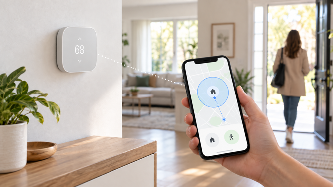 person leaving home while phone shows a geofence circle linked to the thermostat
